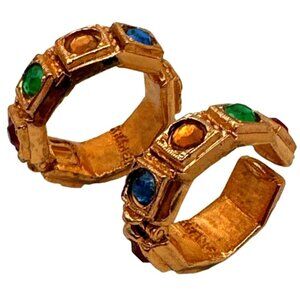 Vintage Kramer Earrings Etruscan Byzantine Egyptian Revival Hoop Gold Tone Clip